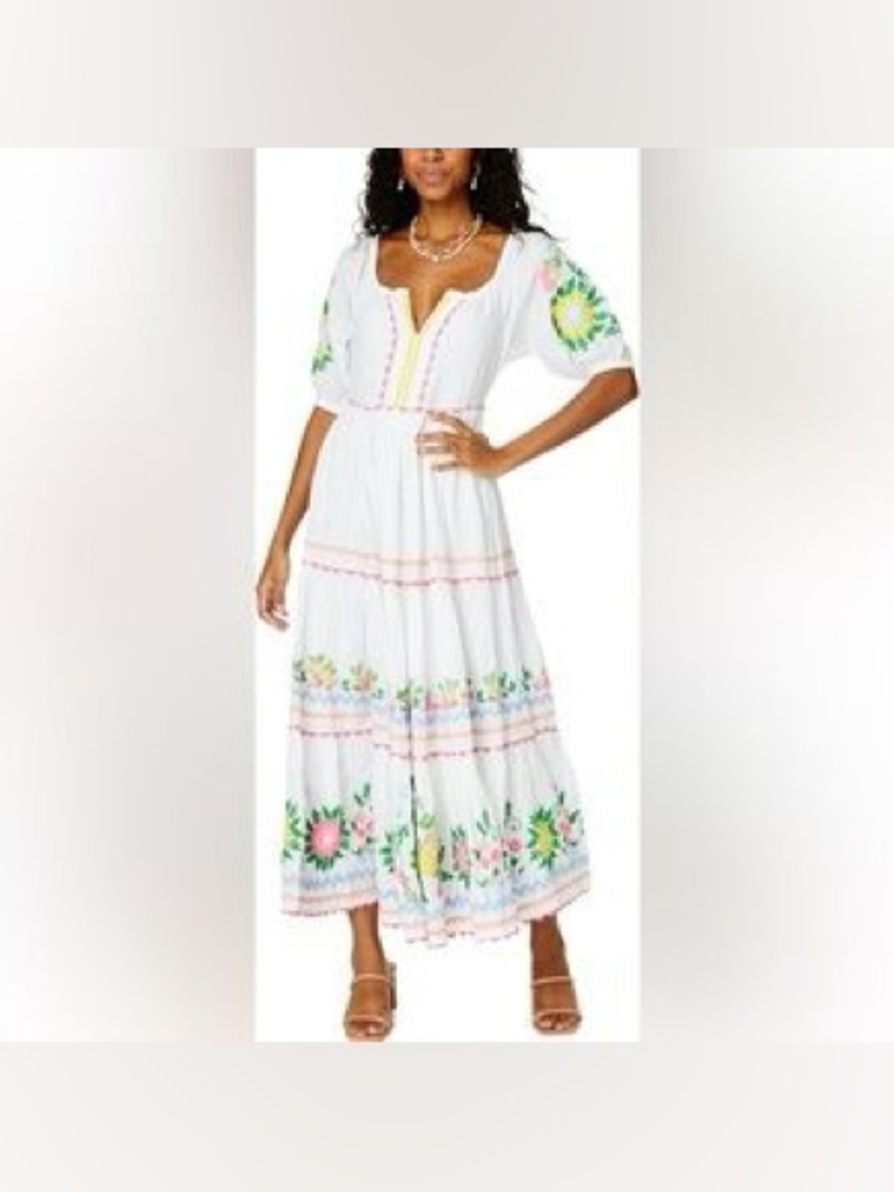 Roller Rabbit White Maxi Dress with Pink, Yellow & Green Floral Embroidery